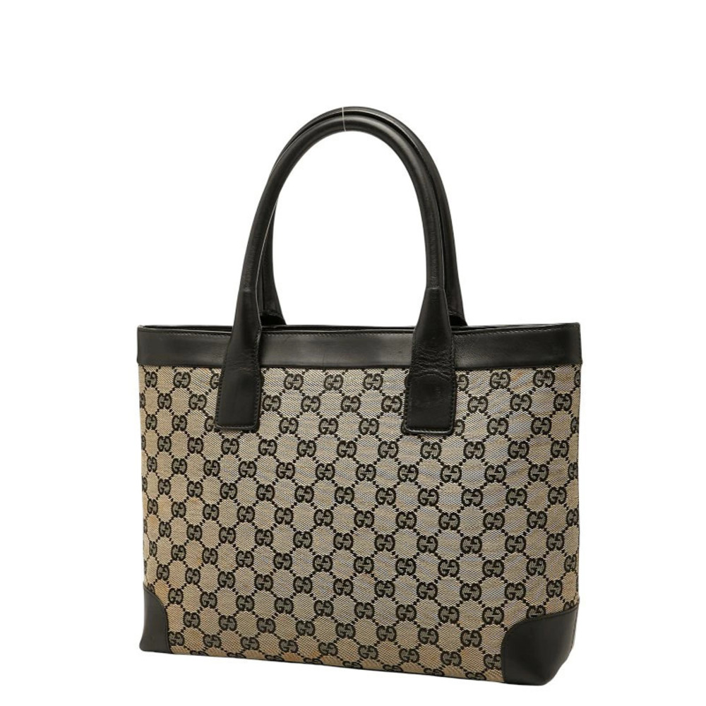 Gucci Tote Handbag Leather GG Black Canvas Bag Beige